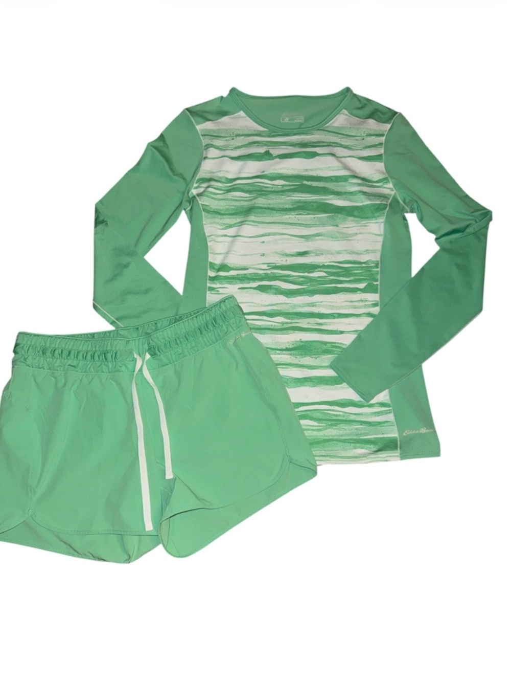 Eddie Bauer Green/white Amphib shirt/matching shorts breathable hiking dry fit